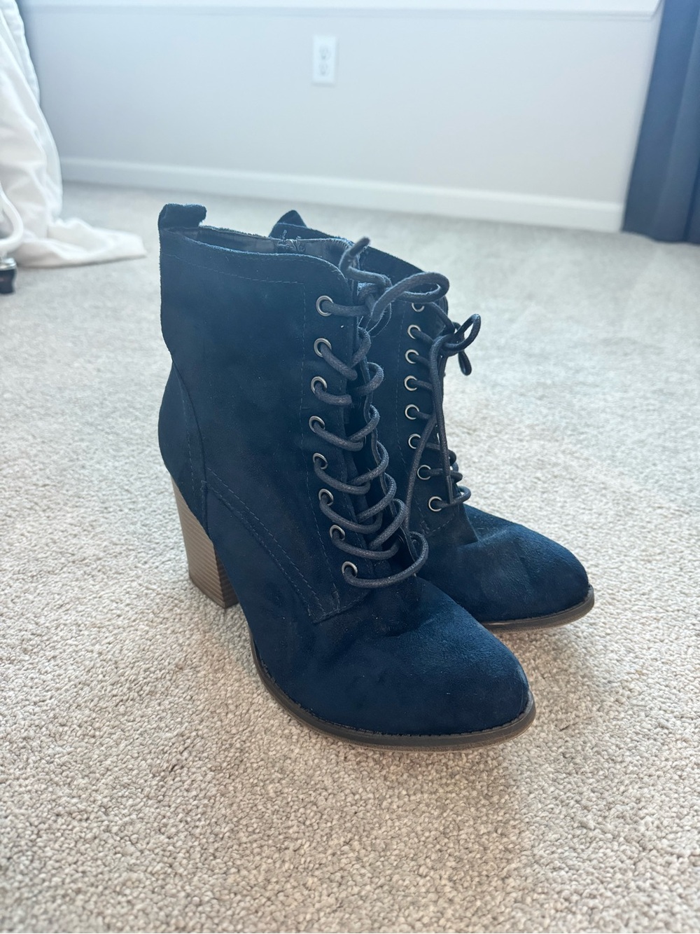 Navy Blue Lace-Up Suede Ankle Boots